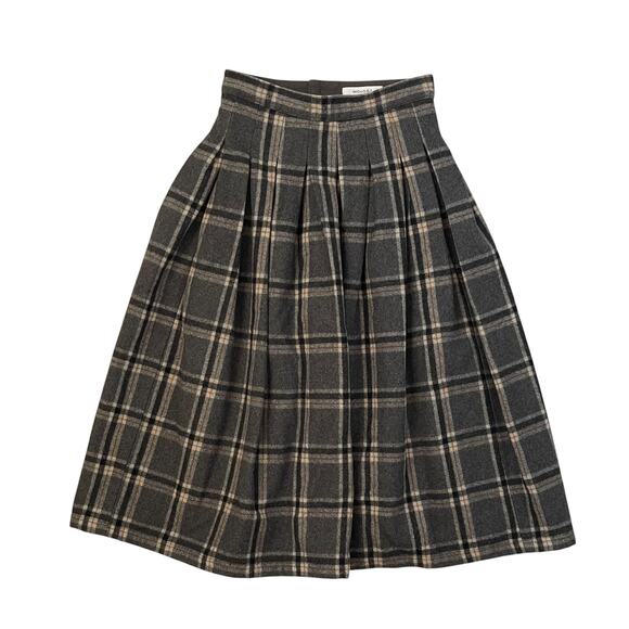 MOUSSY Wool Blend Plaid Midi Skirt - Pleated - Gray Black Cream - Size 1 - Picture 1 of 4
